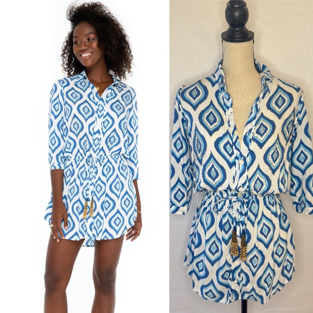 Pookie and Sebastian Boho Blue & White Shirt Dress